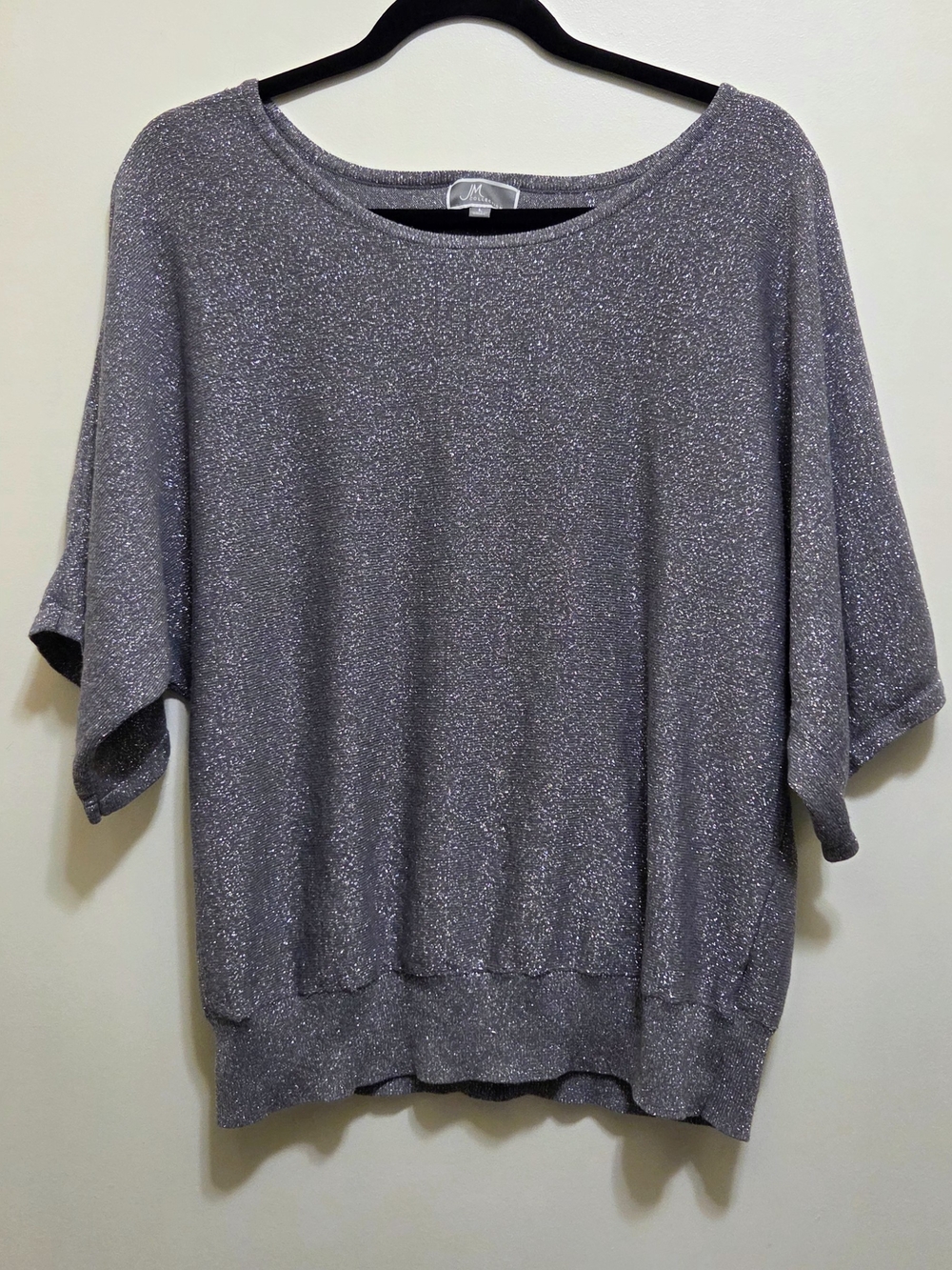 JM Collection Silver Sparkle Crewneck Short Sleeve Dolman Sweater L